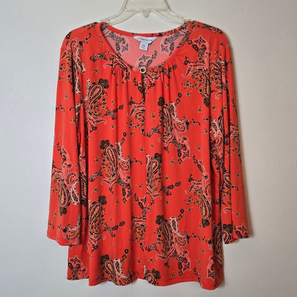 Liz Claiborne Womens XXL Orange Paisley 3/4 Sleeve‎ Keyhole Blouse Top Plus Size